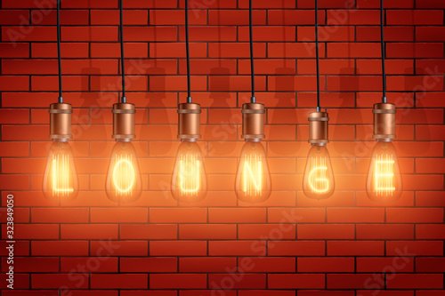 Light bulb Lounge sign. Decorative Retro edison light bulbs with text Lounge on brick wall background. Vintage style for loft and cafe. Vector Illustration