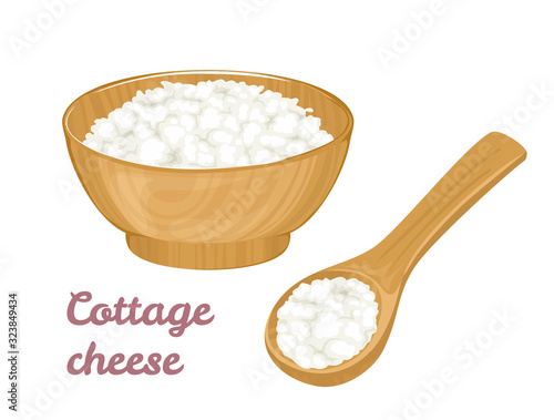 Cottage cheese in wooden bowl and spoon set. Dairy products isolated on white background. Vector illustration of organic healthy food in cartoon flat style.