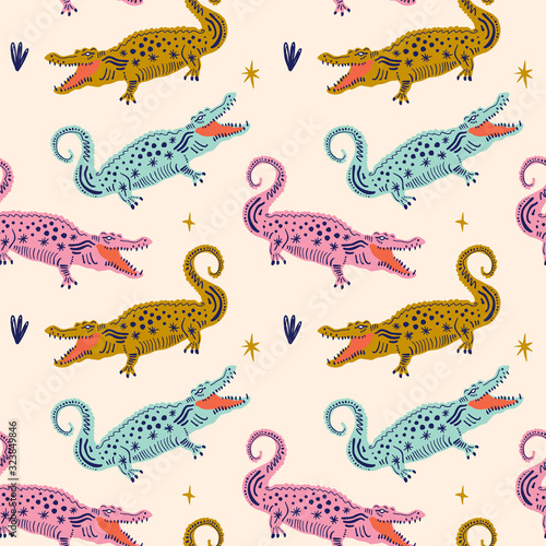Cute crocodile with color background, alligator tees, cool animal collage print, cartoon character
