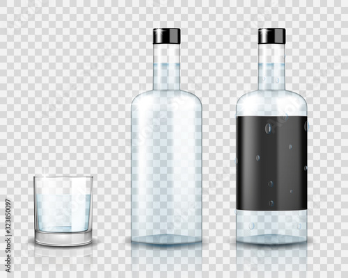 Transparent vodka bottle mockup. Realistic vodka glass isolated. Vector illustration.