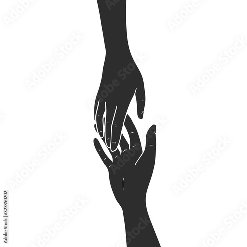 Two hands are drawn to each other. Hands touch. Black silhouettes isolated on white background. Vector illustration