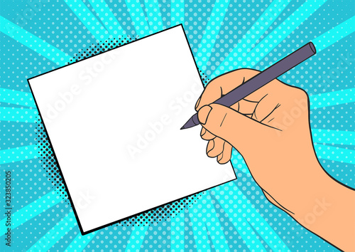 Hand writes a note. Pop Art vintage vector illustration