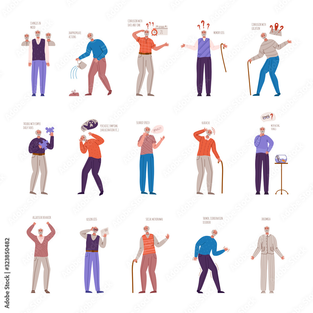 old people with dementia signs and symptoms, aged senior men with mental problems, Alzheimers or Parkinsons disease - memory loss, insomnia, disorientation, headache, slurred speech - vector isolated