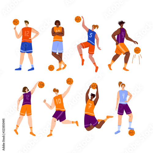 Basketball players with ball - set of isolated people African American and white women and men playing, jumping with ball, muscular basketball players isolated flat characters vector for poster, merch