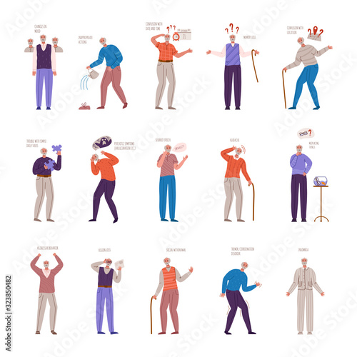 old people with dementia signs and symptoms, aged senior men with mental problems, Alzheimers or Parkinsons disease - memory loss, insomnia, disorientation, headache, slurred speech - vector isolated