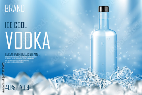 Vodka bottle with ice cubes ad. Strong alcohol drink mock up on shiny blue background and water drops. Vodka advertising banner. Realistic 3d vector illustration