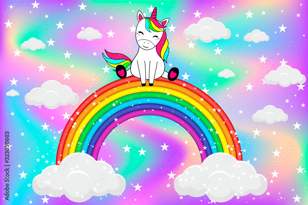 Cute unicorn sitting on rainbow with clouds and stars. Cartoon