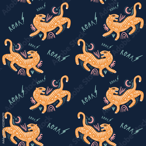 Vector doodle seamless pastel pattern with cute tigers. Tropical cats background. Boho wallpaper