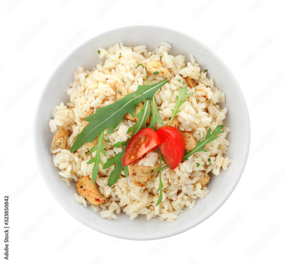 Delicious risotto with chicken isolated on white, top view Delicious risotto with chicken isolated on white, top view