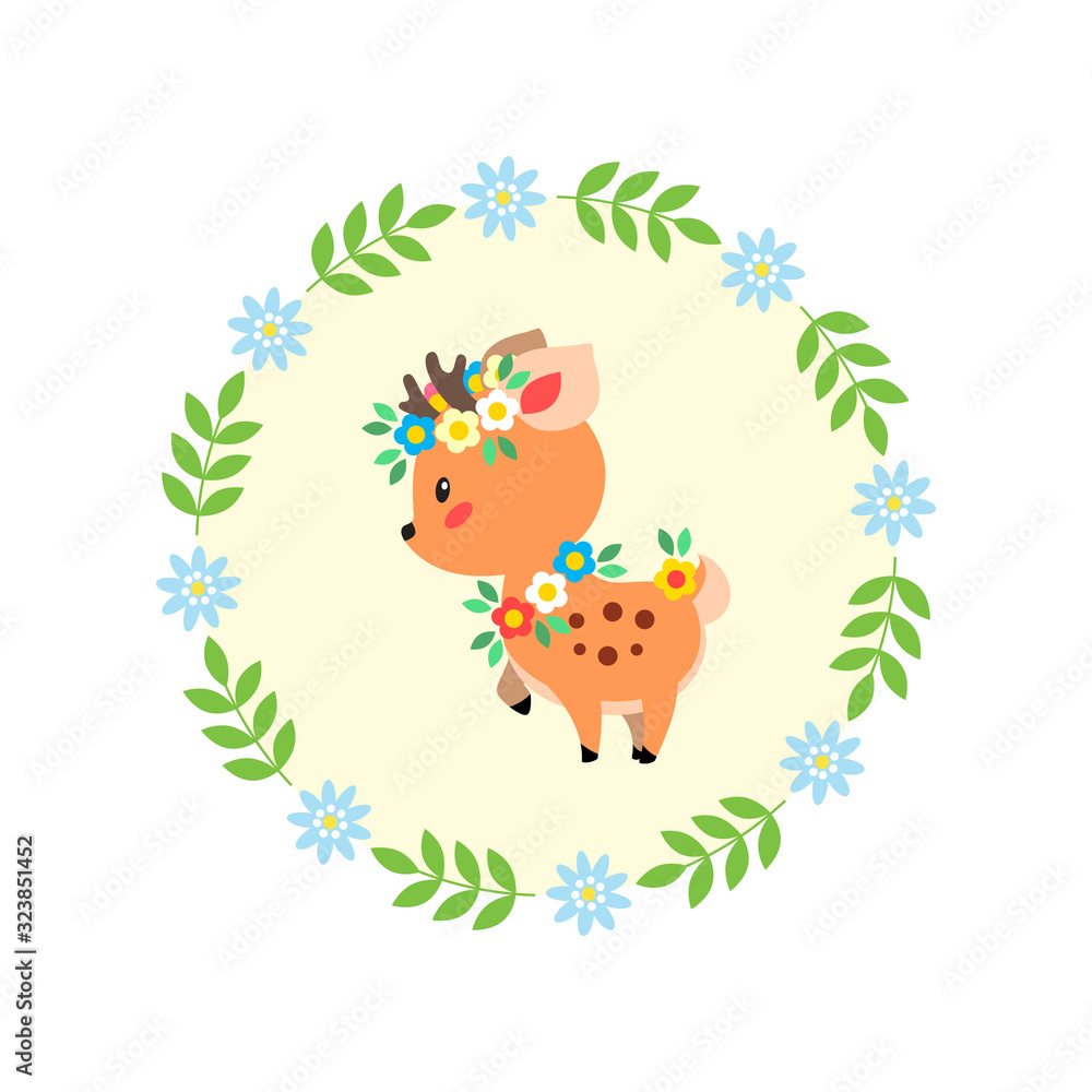 Cute deer. Little deer decorated with flowers on background of floral frame. Flat illustration isolated on white. Vector 8 EPS. Cute deer. Little deer decorated with flowers on background of floral frame. Flat illustration isolated on white. Vector 8 EPS.