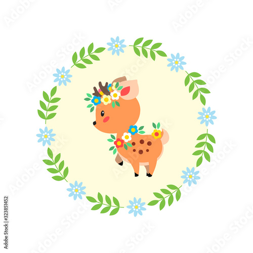 Cute deer. Little deer decorated with flowers on background of floral frame. Flat illustration isolated on white. Vector 8 EPS.