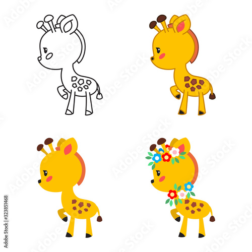 Little giraffe. 4 illustrations of cute giraffes: black-n-white, outlined, flat and decorated with flowers. Vector 8 EPS.