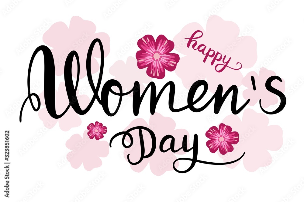 Happy women's day celebrate card with lettering and sakura flowers. Vector illustration.