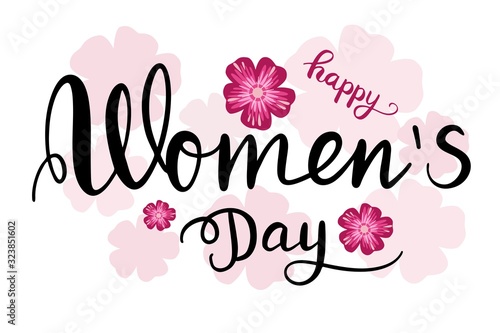 Happy women's day celebrate card with lettering and sakura flowers. Vector illustration.