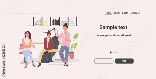 women testing skin care cosmetic products makeup cosmetics masterclass modern beauty salon full length horizontal copy space vector illustration