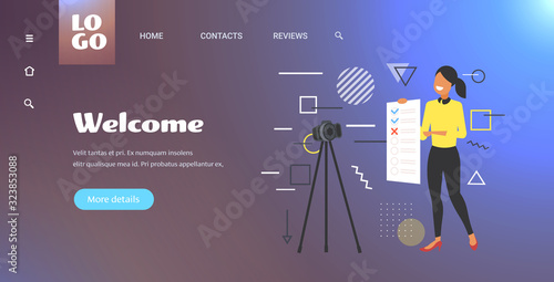 blogger presenting checklist survey exam form woman recording online video with camera on tripod result assessment blogging concept full length copy space horizontal vector illustration