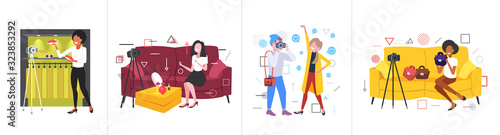 set bloggers recording online video with camera on tripod live streaming broadcast social media networking blogging concepts collection horizontal full length vector illustration
