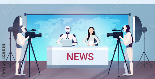 robotic cameramen recording robot and woman tv presenters sitting at table in news studio artificial intelligence technology live news concept world map background horizontal vector illustration