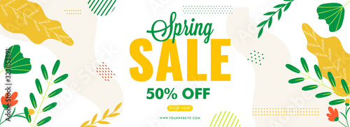 Spring Sale Header or Banner Design with 50% Discount Offer, Flowers and Leaves Decorated White Background.