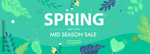 Spring & Mid Season Sale Header or Banner Design with Flowers and Leaves Decorated on Green Background.