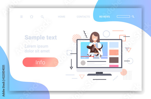 female veterinarian blogger checking dog at veterinarian clinic online video player blogging concept modern vet clinic template horizontal copy space portrait vector illustration