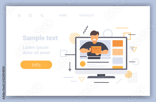 man blogger opening parcel box recording unboxing video blogging mail delivery live streaming concept computer monitor screen online player copy space horizontal portrait vector illustration