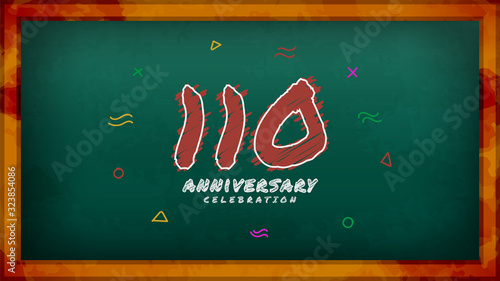 110th Anniversary celebration. Messy Chalk number with frame and geometric decoration on green chalkboard background. Old school style design vector EPS 10. Can be used for company or wedding. photo