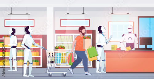 robots and people standing line queue to robotic cashier artificial intelligence technology concept modern supermarket grocery shop interior full length horizontal vector illustration