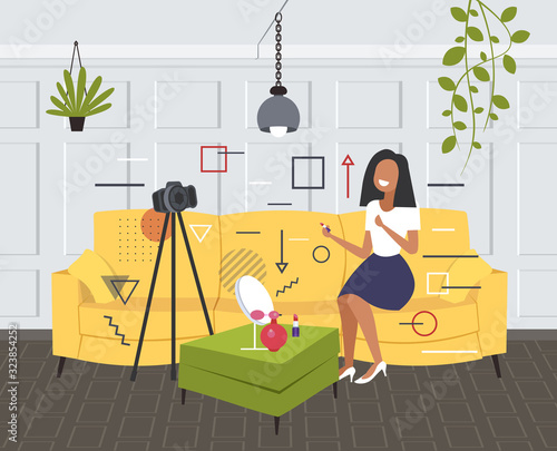 beauty blogger applying lipstick woman showing trend makeup tutorial recording online video with camera on tripod blogging concept living room interior horizontal full length vector illustration