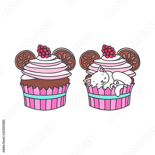  Cupcake and kitten. Cute illustration of a raspberry cupcake and a little white kitten sleeping in a cupcake. Objects isolated on white. Vector 8 EPS.