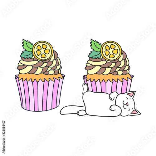 Cupcake and kitten. Cute illustration of a lemon cupcake and a little white kitten sleeping in front of a cupcake. Objects isolated on white. Vector 8 EPS.