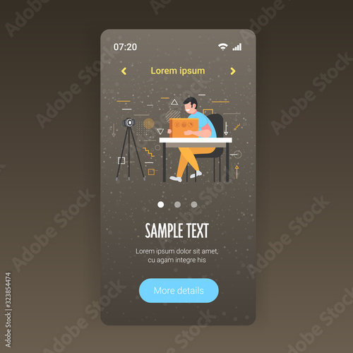 man blogger opening parcel box recording unboxing video with camera on tripod blogging mail delivery concept copy space smartphone screen mobile app full length copy space vector illustration