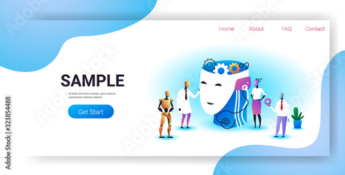 robots team holding gears near human head with brain cogwheels brainstorming process artificial intelligence technology concept horizontal full length copy space vector illustration