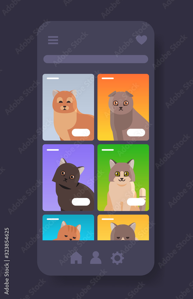cute different cats fluffy adorable cartoon animals domestic kitty home pets website or online shop smartphone screen mobile app copy space portrait vertical vector illustration cute different cats fluffy adorable cartoon animals domestic kitty home pets website or online shop smartphone screen mobile app copy space portrait vertical vector illustration