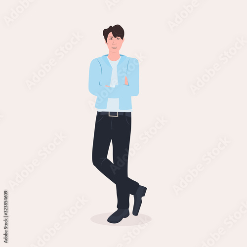 beautiful man standing pose male cartoon character in fashion clothes full length flat vector illustration