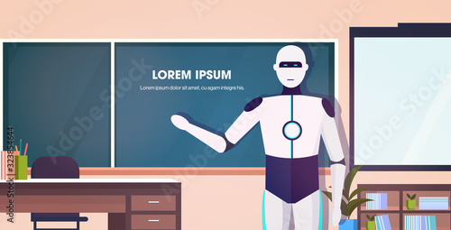 modern robot teacher standing in front of chalkboard artificial intelligence technology education concept modern school classroom interior horizontal portrait copy space vector illustration