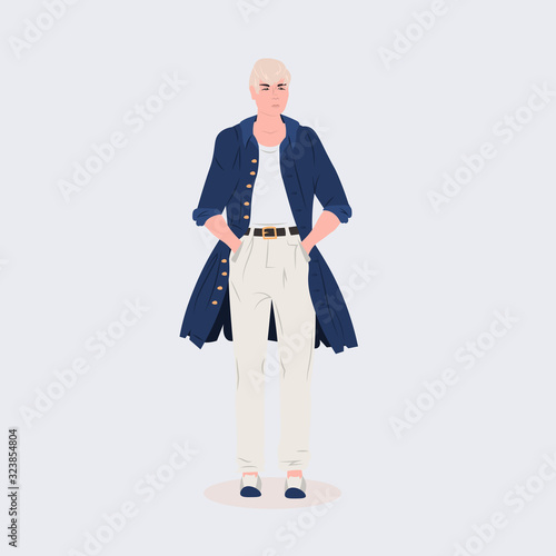 beautiful man standing pose male cartoon character in fashion clothes full length flat vector illustration