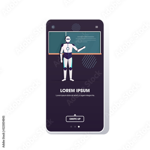 modern robot teacher standing in front of chalkboard artificial intelligence technology education concept school classroom smartphone screen mobile app full length copy space vector illustration