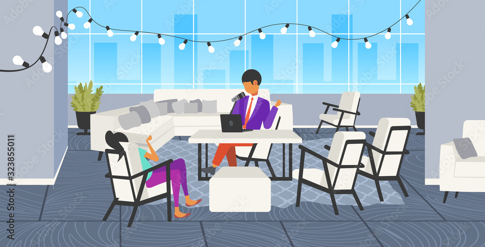 Fototapeta premium man podcaster talking to microphone recording podcast in studio podcasting online radio concept woman interviewing man at round table broadcasting full length horizontal vector illustration