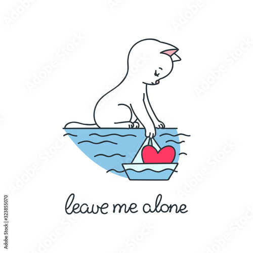 Leave Me Alone. Illustration of a sad white cat launching a paper boat with a heart on it. Objects isolated on white background. Vector 8 EPS