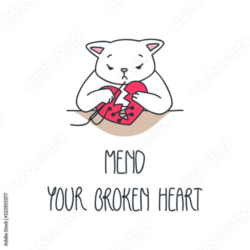 Meld Your Broken Heart. Illustration of sad cat sewing a broken heart. Objects isolated on white background. Vector 8 EPS