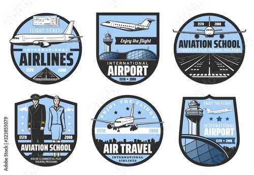 Plane, airport, pilot and flight attendant vector badges of air travel and aviation school design. Airplanes, runway and airline tickets, aircraft captain, aircrew and cabin crew retro icons