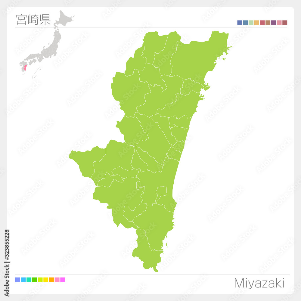 Obraz premium 宮崎県の地図・Miyazaki（市町村・区分け）