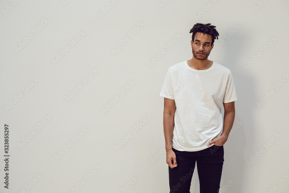 African american man wearing white blank t-shirt. Mock-up. African american man wearing white blank t-shirt. Mock-up.