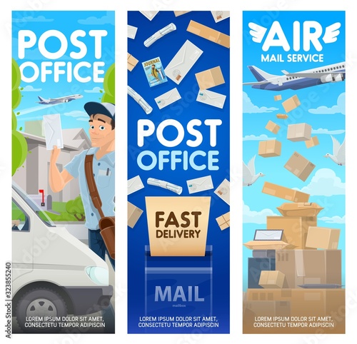Post office and air mail delivery vector design of postal service. Postman or courier with letters, bag and mailbox, parcel boxes, packages and envelopes with postage stamps, truck, planes, pigeons