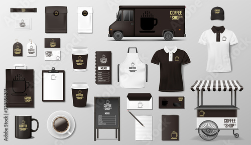 Branding set for coffee shop, cafe. Coffee corporate identity template design. Realistic set of van, paper pack, Food delivery truck, cup, pack, uniform, shirt, street menu