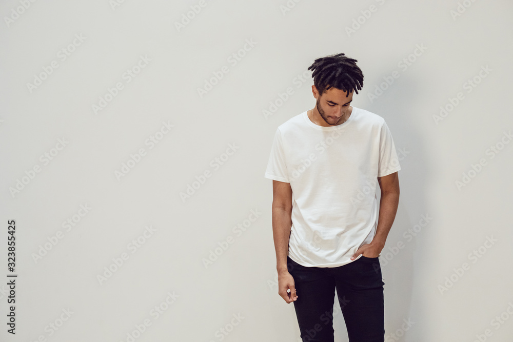 African american man wearing white blank t-shirt. Mock-up. African american man wearing white blank t-shirt. Mock-up.