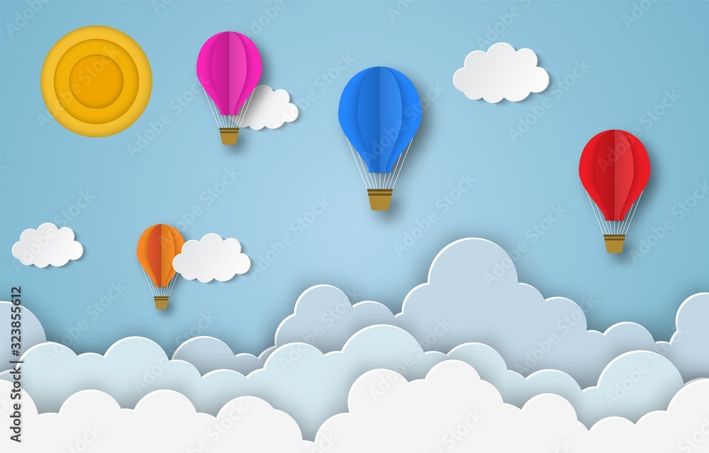 colorful hot air balloons flying in the air with blue cloudy sky background. Paper cut poster template with air balloons. flyers, banners, posters and templates design.
