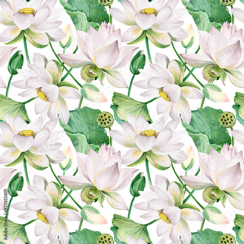 white lotus flowers seamless pattern. watercolor botanical illustration.