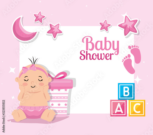 baby shower card with baby girl and decoration vector illustration design